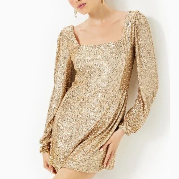 Lilly Pulitzer | Dresses | New Lilly Pulitzer Zelda Skirted Romper Long  Sleeve Gold Metallic Sequin Size 4 | Poshmark